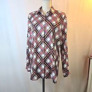 Anne Klein Black & Multicolor Plaid Women's Size XL Button Down Shirt Blouse Top